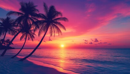 Beautiful sunset on the tropical beach with palm trees. Vibrant colorful sky.