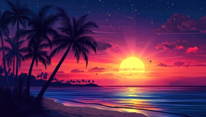 Beautiful sunset on the tropical beach with palm trees. Vibrant colorful sky.