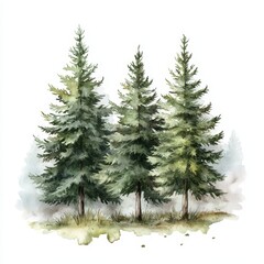 Obraz premium Watercolor Evergreen Trio Forest Painting, Nature Art, Pine Trees, Conifers