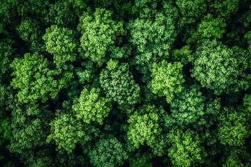 Naklejka premium Beautiful natural landscape photo featuring an aerial view of a forest full of green, lush trees with various leaves.