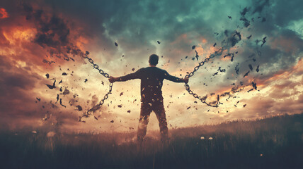 Breakthrough from spiritual chain boundage with power of prayer. Concept of freedom through prayer, christianity and accept Jesus Christ as lord and savior. Broken shackles, unchained silhouette 