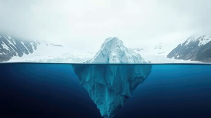 A glacier calving an iceberg that sinks slowly to the sea, mountainous, iceberg, winter