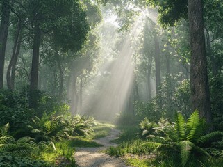 A beautiful forest with tall trees and rays of sunlight shining through the mist with ferns on the ground.