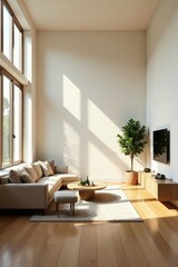 Fototapeta premium Modern Minimalist Living Room Interior Design with Natural Light and Hardwood Floors