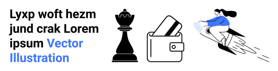 Chess queen, wallet with cards, person riding a flying pencil. Ideal for financial management, strategic planning, creativity, innovation, education marketing and technology themes. Landing page © robu_s