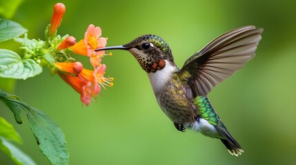 Fototapeta premium A vibrant hummingbird hovering near colorful flowers in a lush garden setting, showcasing nature's beauty