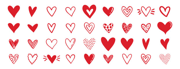 doodle red hearts different shapes for valentine day love icons. hand drawn different heart collection