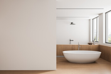 Minimalist bathroom with a blank wall and modern freestanding bathtub. 3D Rendering