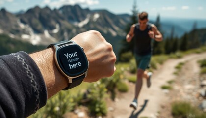Smartwatch - mockup for text or logo, displayed on the screen, worn on the wrist of a person running on a scenic mountain trail. Background: mountains, green trees, clear sky. Focus on the watch face