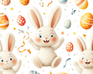 Obraz premium Cute cartoon bunny with eggs and confetti, perfect for Easter-themed designs and celebrations.