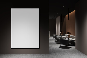 Blank poster mockup in modern interior with dark walls and stylish furniture. 3D Rendering