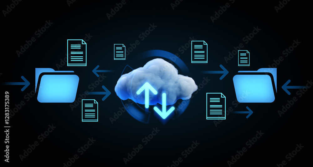Poster cloud storage concept with glowing folders, files, and upload-download arrows. digital data transfer