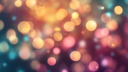 Blurred Bokeh Light Effects with Golden, Pink and Turquoise Colors on Dark Background.For design, print, wallpaper, poster, interior, advertising, banner. With place for text.