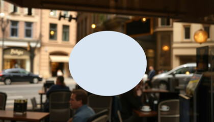 Coffee shop window decal - mockup for text or logo, applied to the window. Customers inside enjoying coffee, natural light filtering through, street scene reflected in the glass. Realistic reflections