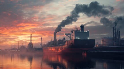Massive LNG transport ship docked at industrial port during sunset with smoke rising into the sky. Generative AI