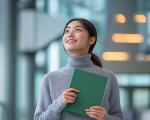 Working  woman holds a green notebook smiling around office building.