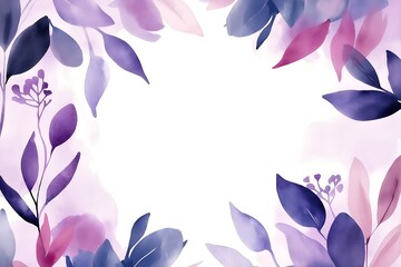 Obraz premium Purple and Pink Watercolor Leaves Border with White Background, Delicate Floral Pattern.For design, print, wallpaper, poster, interior, advertising, banner. With place for text.
