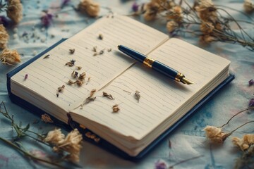 A notebook with a pen lying on top, ready for writing or drawing