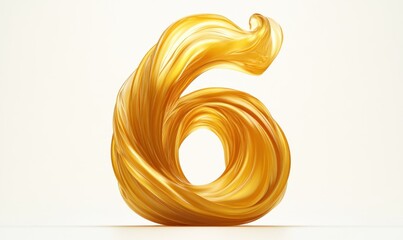 Golden swirling fabric forming number six on white background for luxury design