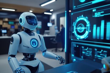 Fototapeta premium A robot standing in front of a computer monitor, ready for use