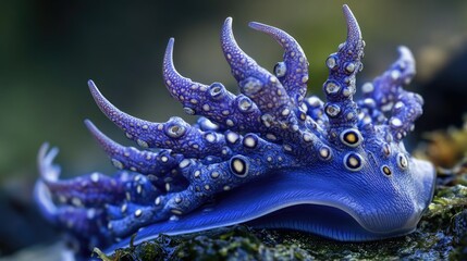 A close-up shot of a blue sea slug resting on a rocky surface