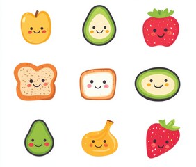 Cute Pixel Art Fruits and Bread with Smiling Faces