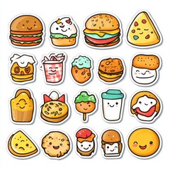 Cute Pixel Art Stickers Featuring Smiling Fast Food Icons on Clean White Background