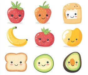 Delightful Cartoon Fruits and Breakfast Items with Smiling Faces on White Background