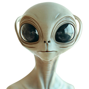 Curious white colored alien being with large black eyes gazes intently on a transparent background