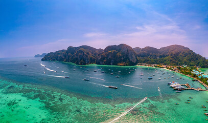 Panorama Phi Phi Island, Thailand. Amazing paradise with turquoise sea and white beach, long tail...
