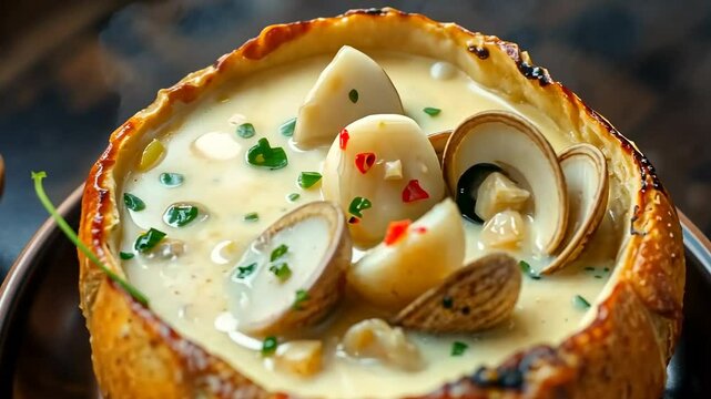 Creamy Clam Chowder in a Bread Bowl Garnished with Herbs and Chili Flakes on Wooden Tabletop Delicious Seafood Cuisine Close Up
