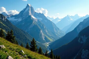 Obraz premium Majestic mountain peaks rise above the valley, valleys, nature, serene