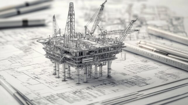 Detailed Blueprint and Model of Oil Rig on Technical Drawings