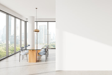 Modern dining room interior with empty wall for poster mockup. 3D Rendering