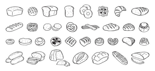 Bread different types hand drawn doodle outline icon set. Bread engraving, line art. Wheat products, baked goods, bakery