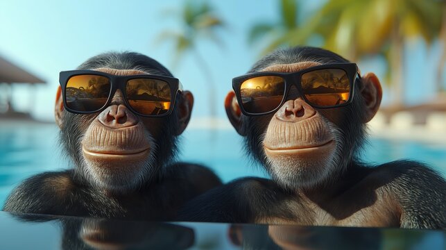 Charming chimpanzees relaxing by the poolside tropical resort animal photography sunny environment close-up view