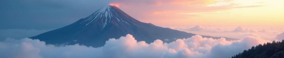 Fototapeta premium Majestic volcano peak above cloudy misty veil, atmospheric, mist, mountain