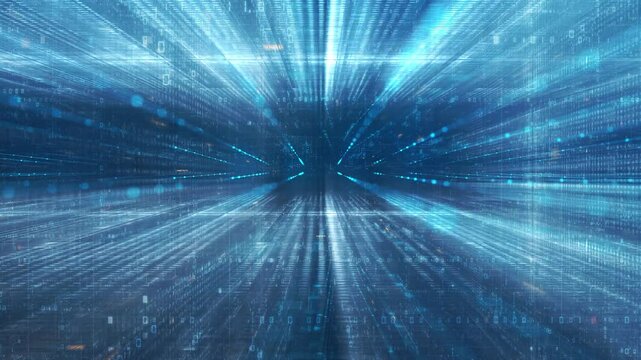 CGI flythrough of digital tunnel with glowing particles in dark space.