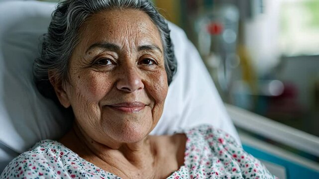 Portrait of a smiling senior Hispanic woman in a hospital bed, generative AI