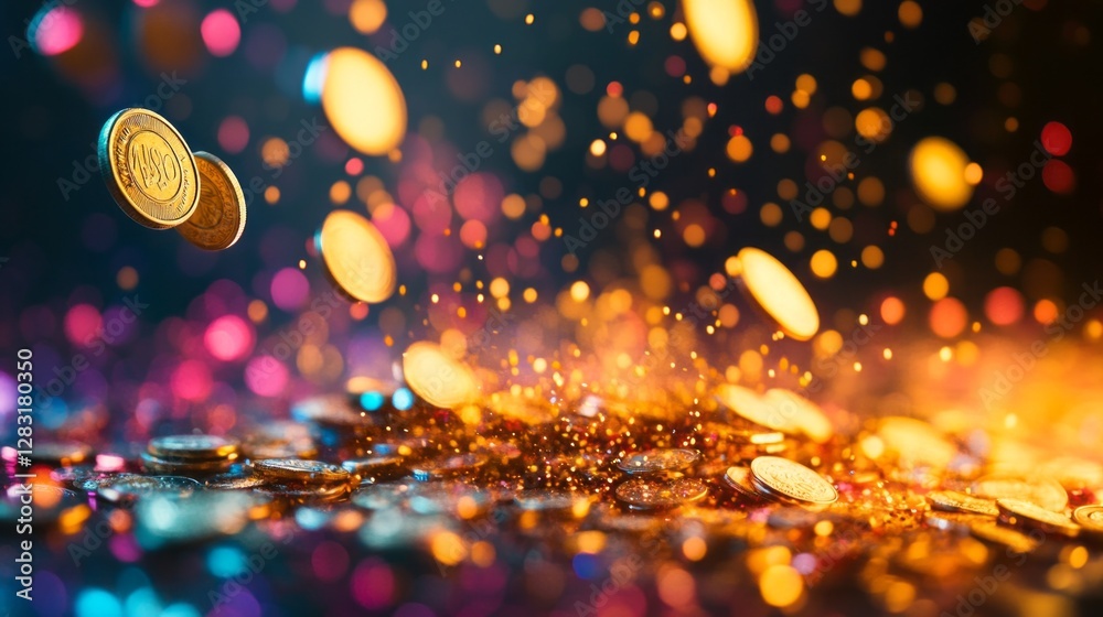 Poster coins scatter wildly in a captivating display, illuminated by vibrant colors that dance and shimmer.