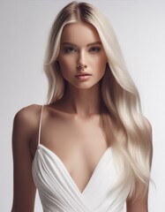 Naklejka premium studio portrait of a blonde woman with long hair wearing a low cut white dress on a light grey background, fashion photography 
