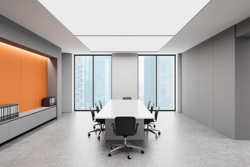 Modern conference room with large table, chairs, and floor-to-ceiling windows overlooking a cityscape. Clean and minimalist office interior design. 3D Rendering