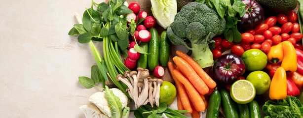 Assortment of fresh organic vegetables in rainbow colors.