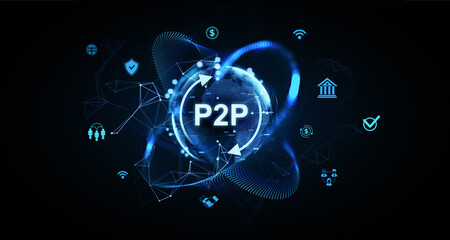 P2P digital money transfer hologram concept with futuristic global network. 3D Rendering