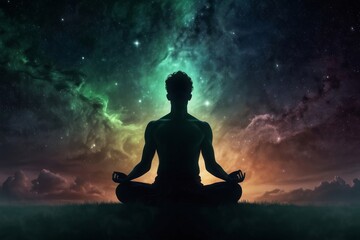 Silhouette human lotus position, meditation space galaxy cloud nebula, cosmos background wallpaper