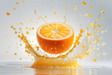 An orange cut in half and surrounded by orange juice.