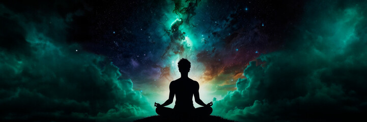 Silhouette human lotus position, meditation space galaxy cloud nebula, cosmos background wallpaper