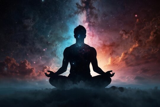 Silhouette human lotus position, meditation space galaxy cloud nebula, cosmos background wallpaper