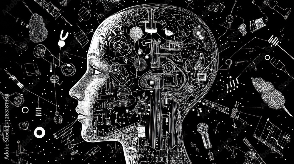 Aufkleber Human head outline filled with schematics of mechanisms illustrating artificial intelligence concepts. Generative AI