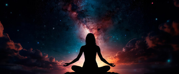 Silhouette human lotus position, meditation space galaxy cloud nebula, cosmos background wallpaper